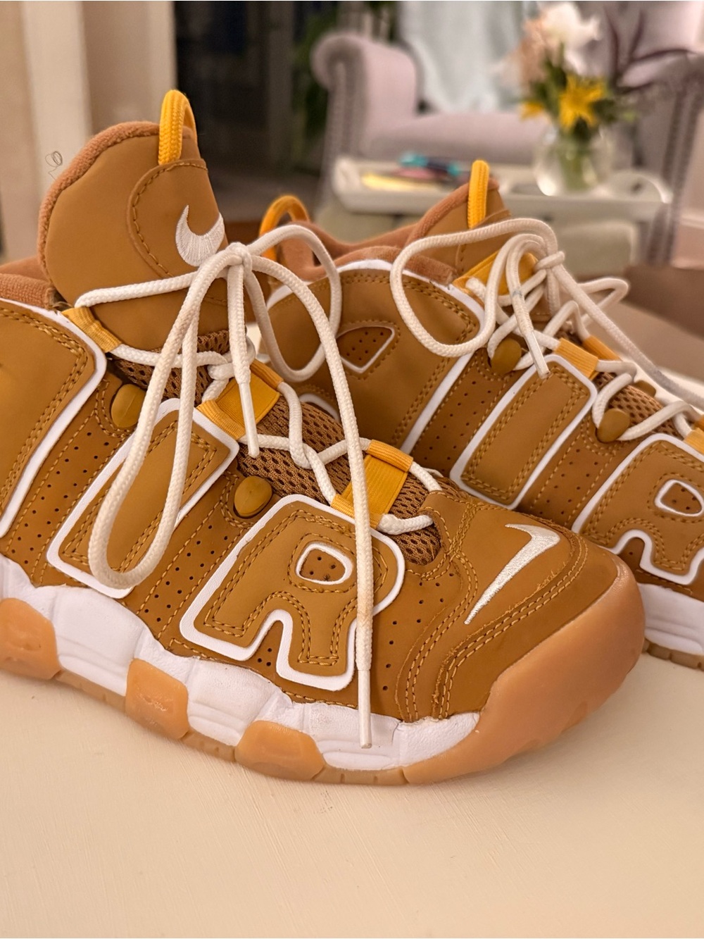 Nike Kids' Tan and White Air More Uptempo Sneakers